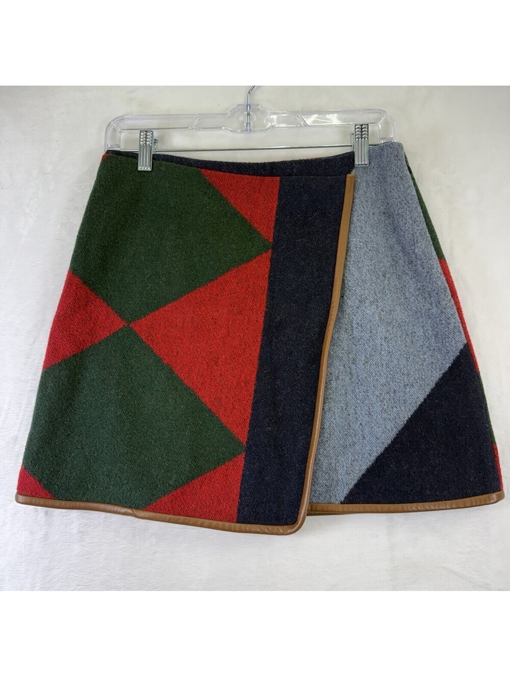 Tory Burch Cheval Wool Blend Plaid Wrap Mini Skirt 4 Geometric Leather Trim